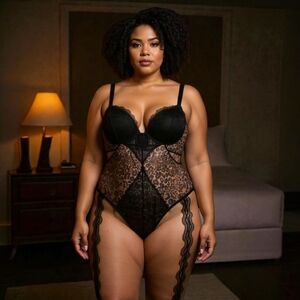 NWT Curve Necessities Size 2X Sheer Lace Bodysuit w/ Demi Bra & Thong Leopard